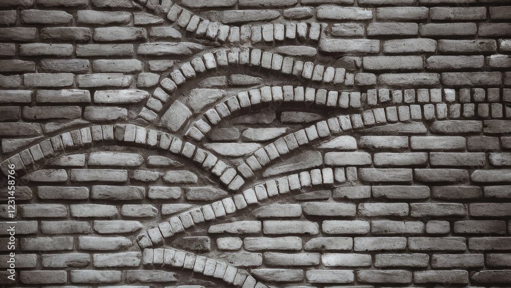 Poster monochrome closeup of an artistic old brick wall with textured gray bricks arranged in fluid lines s