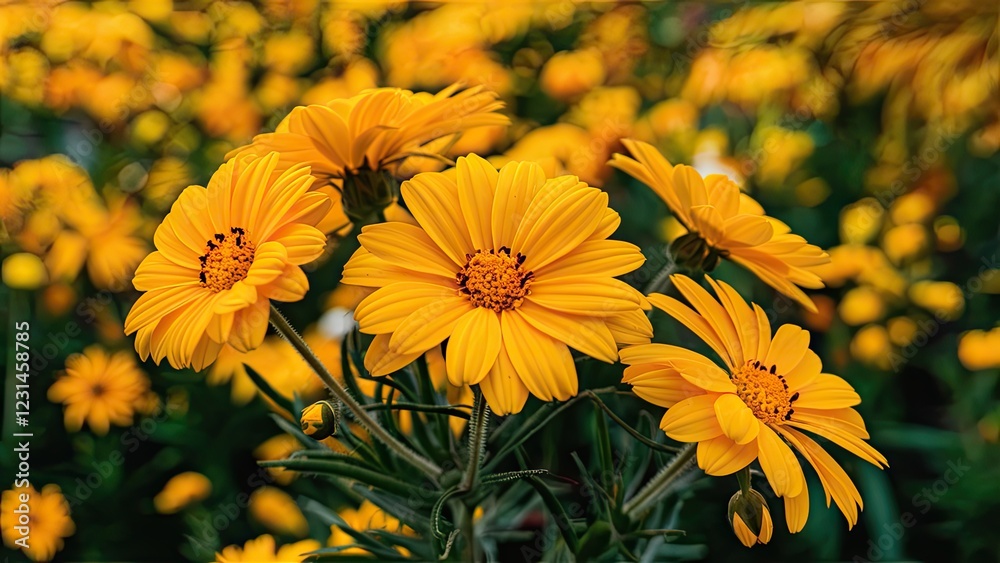 Aufkleber bright yellow daisies in full bloom with a lush green backdrop and hints of other colorful wildflowe