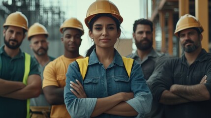 Multicultural group of construction workers standing confidently with crossed arms, looking at the camera.