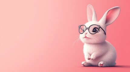 Obraz premium A playful cartoon rabbit wearing glasses, sitting on a minimalist solid-color background, with room for text
