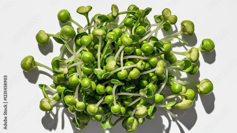 Poster fresh green sprouts clustered together with delicate stems and small leafy tops on a white backgroun