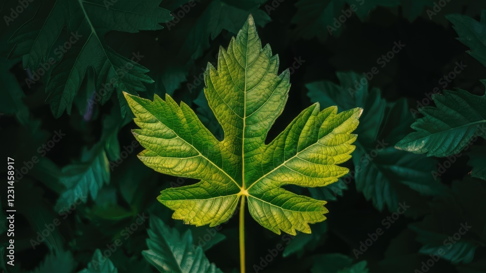 Poster vibrant green leaf with intricate texture illuminated from above against a dark green leafy backgrou