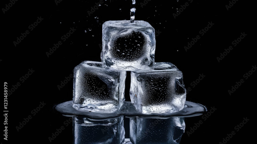 Aufkleber Three clear ice cubes arranged in a triangular formation on a reflective surface, with water droplets visible against a solid black background.