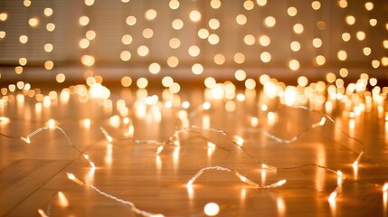 Warm and Inviting Soft Focus Background with Twinkling Fairy Lights and a Wooden Floor Ideal for Holiday Celebrations, Parties, and Cozy Atmospheres