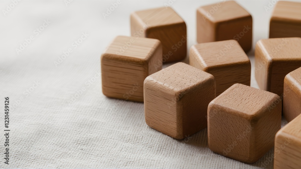 Aufkleber wooden blocks arranged in a soft focus along the right side of a textured fabric surface with natura