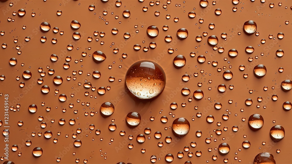 Aufkleber Water droplets gleam on a smooth light brown surface with varying sizes and reflections, creating a tranquil and textured atmosphere.