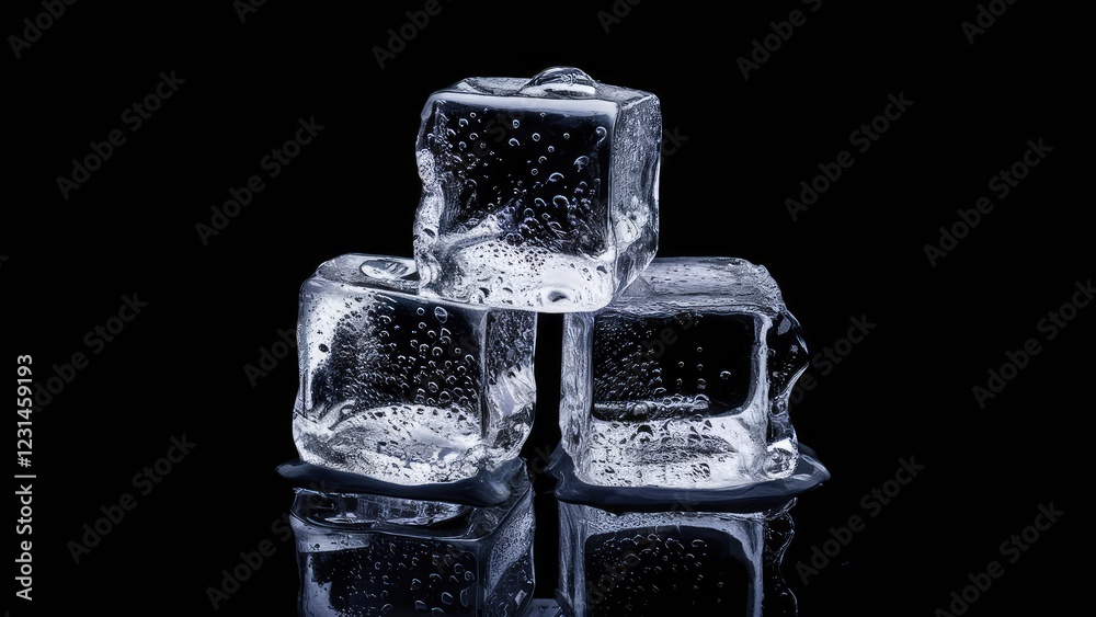 Poster three transparent ice cubes stacked with water droplets on a reflective surface against a solid blac