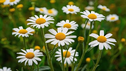 Fototapeta premium Vibrant wildflower scene with close-up white daisies and yellow centers in lush green background, showcasing nature's beauty in full bloom.