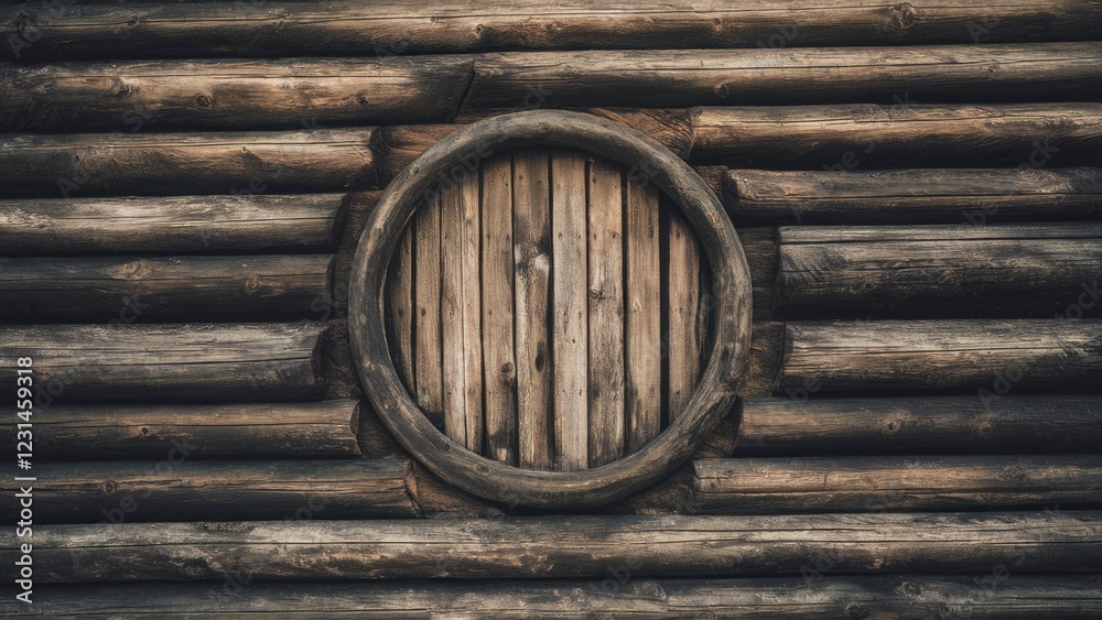 Poster textured aged wooden wall background featuring a round wooden window centered at the middle with dar