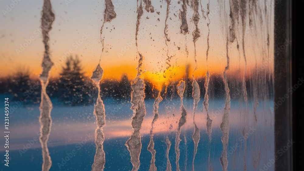 Aufkleber intricate frozen patterns on a window reflecting warm sunset hues of orange and yellow against a sno