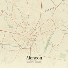 Retro map of Alen�on, Normandie, France. Vintage street map.