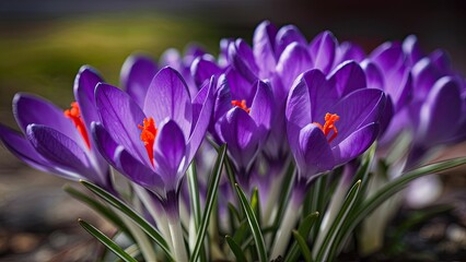 Fototapeta premium Macro shot of vibrant violet blue crocus flowers with orange pistils and stamens in focus, featuring green leaves against a blurred background.