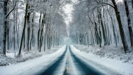 Serene winter road covered in fresh snow surrounded by tall trees in a tranquil forest landscape with soft gray and white tones.