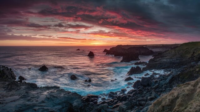 Vibrant sunset hues of orange and pink blending into dark clouds over a rugged rocky coastline with crashing waves and exposed black rocks