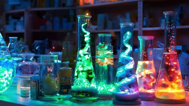 A collection of glowing and colorful chemical flasks with intricate designs in a dimly lit laboratory. Laboratory of Magic and Alchemy.