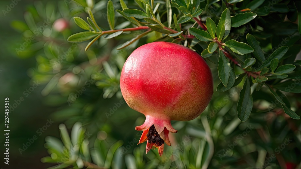 Poster ripe red pomegranate hanging on green foliage creating a natural, lush background with a soft focus 