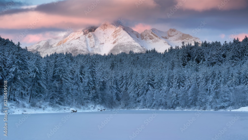 Poster winter landscape featuring snow-covered mountains in the background with pink and gray clouds above 