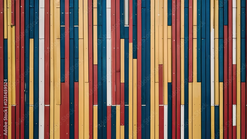 Poster vibrant vertical wooden panels in red, yellow, teal, and white arranged against a light backdrop cre