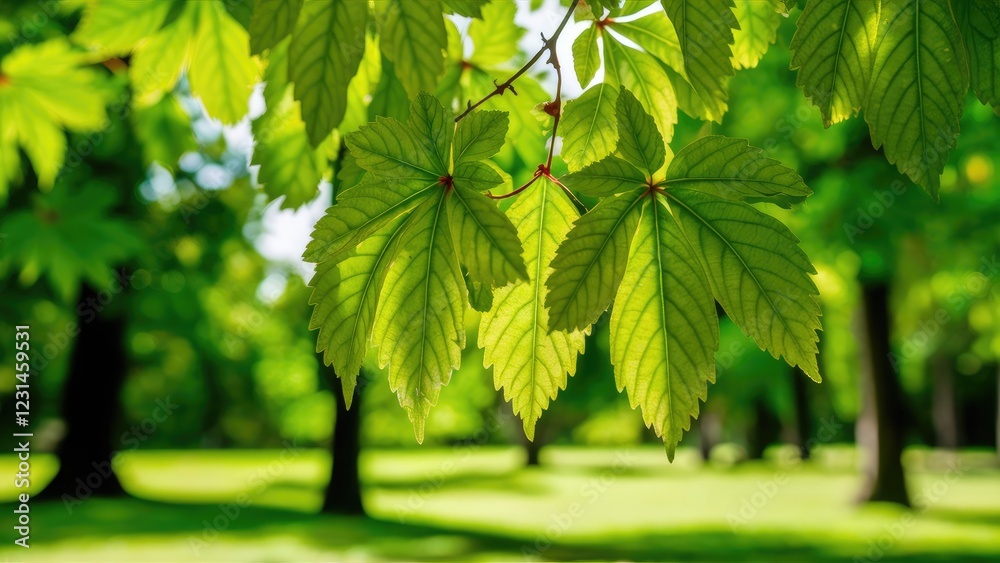 Aufkleber vibrant green leaves under bright sunlight in a serene natural park setting with soft blurred trees 