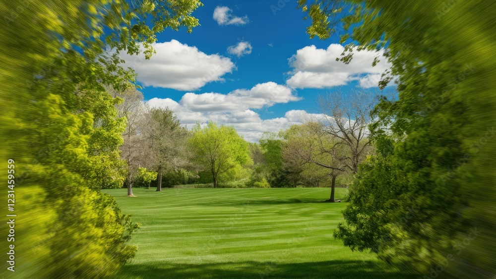 Poster lush green lawn bordered by vibrant leaves and trees under a bright blue sky with fluffy clouds crea