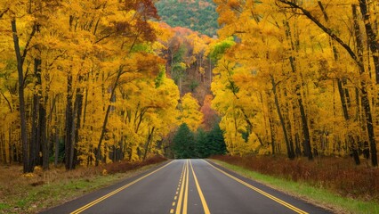 Obraz premium Luminous autumn landscape featuring a winding road surrounded by vibrant yellow and orange foliage with distant green trees on both sides.