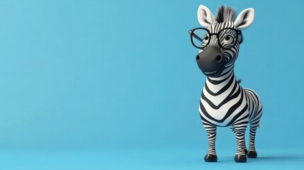 A playful cartoon zebra wearing glasses, walking against a solid background, with copy space available 