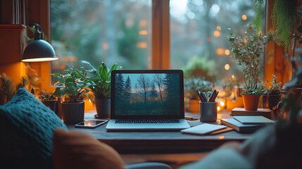 Cozy interior with a window seat featuring a laptop, candles, and houseplants in an autumn atmosphere, comfortable workspace with blanket and cushions, rainy evening, hygge study, creative retreat