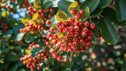 Obraz premium Vibrant clusters of bright red turkey berries against lush green foliage, captured in sunlight for a fresh and natural look in nature.