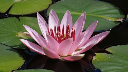 Delicate pink Euryale ferox flower blooming atop lush green lily pads in serene waters showcasing natural aquatic beauty and tranquility.