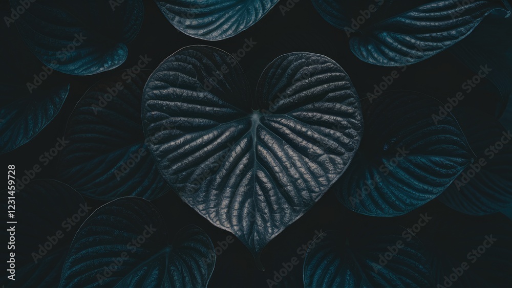 Aufkleber dark green heart-shaped leaves with deep vein patterns against a black background create a serene, m