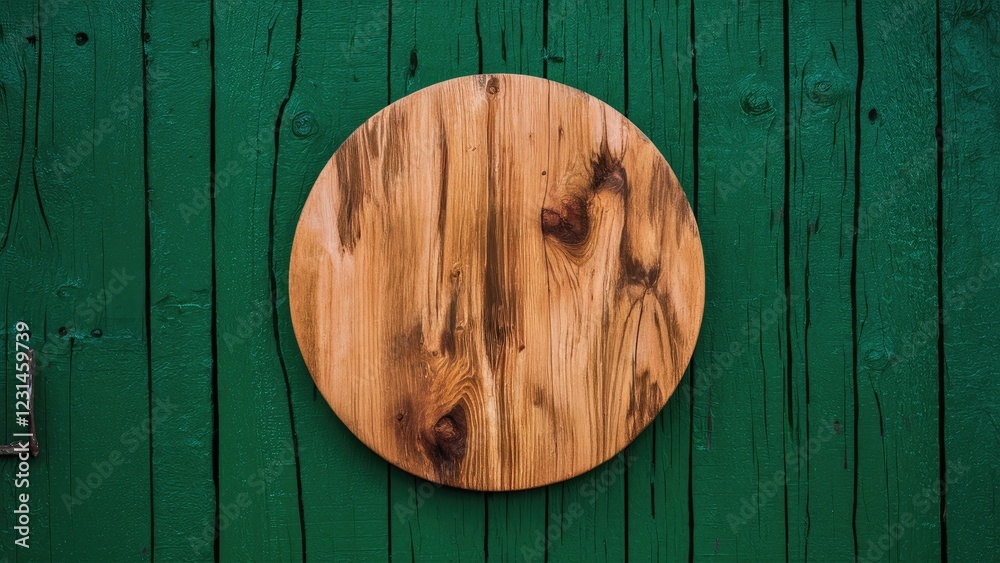 Poster circular wooden plaque with a weathered texture placed against a vibrant green vertical plywood back