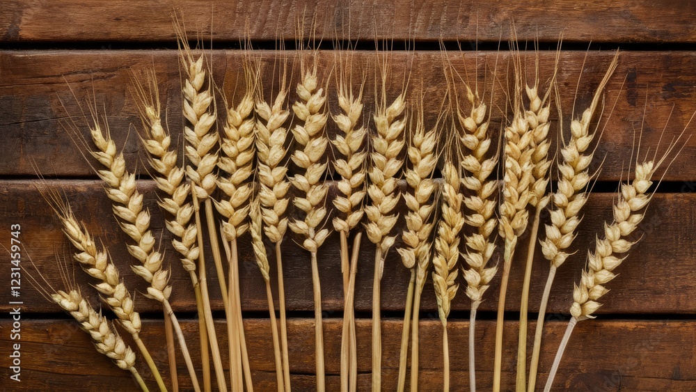 Poster Golden wheat spikelets neatly arranged in a cluster on a dark rustic wooden table showcasing natural textures and earthy tones.