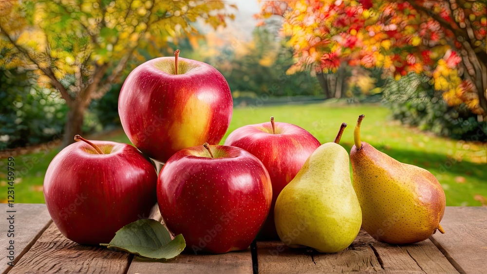 Poster vibrant red apples and soft yellow pears arranged on rustic wooden table with blurred autumn garden 