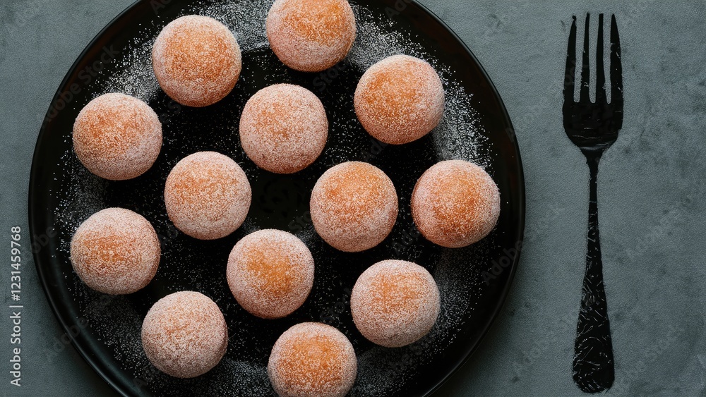 Poster sweet round treats dusted with powdered sugar on a black plate with a fork imprint on a gray backgro