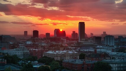 Fototapeta premium Vibrant sunset illuminating a city skyline with skyscrapers in silhouette, warm hues of orange and red blending with cool gray buildings.