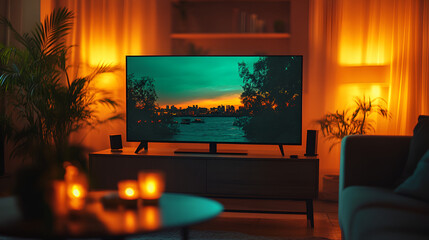 Cozy living room with a large flatscreen TV displaying a tropical beach sunset scene, warm ambient lighting with candles and houseplant, relaxing interior, home entertainment setup, indoor–outdoor 