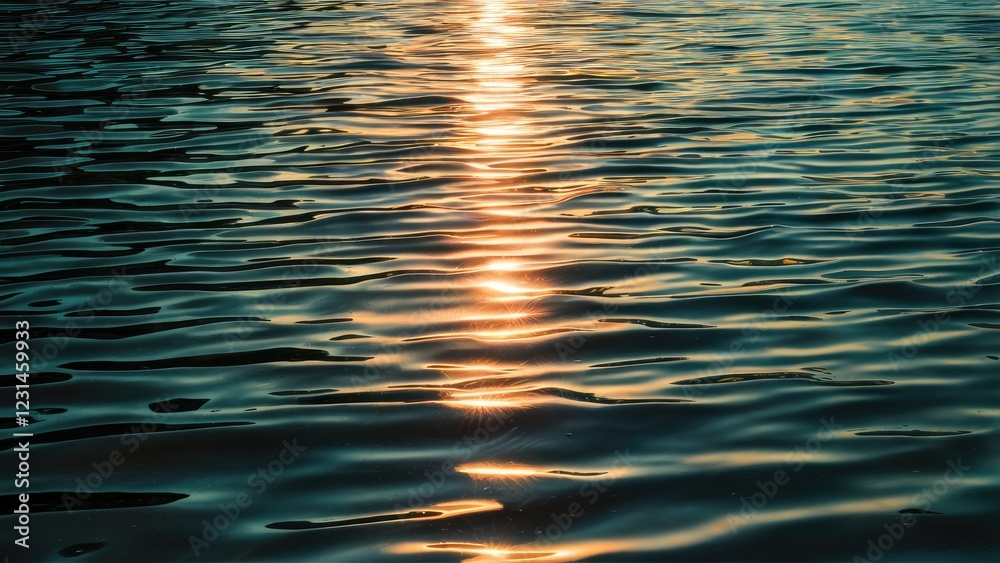 Poster Sparkling water surface reflecting a warm golden sunbeam creating a glare effect on gentle waves in shades of blue and green.