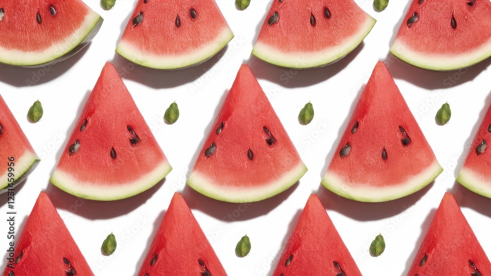 Aufkleber vibrant watermelon slices arranged in a geometric pattern on a white background with scattered seeds
