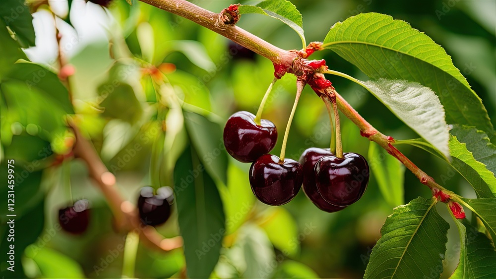 Poster ripening dark red cherries hanging from a green leafy branch under natural sunlight creating a vibra