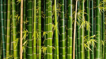 Obraz premium Lush green bamboo forest backdrop with vertical stalks and delicate leaves in vibrant shades of green creating a serene natural atmosphere.