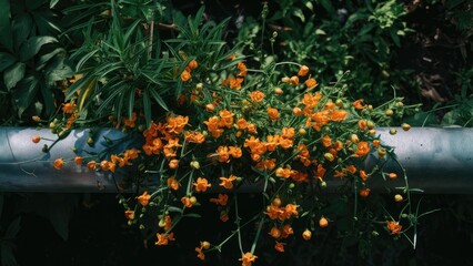 Vibrant orange flowers cascading over a silver metal pipe with lush green leaves surrounding in a lush garden setting on a sunny day.
