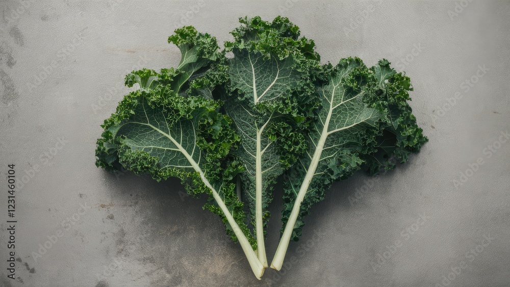 Poster fresh green kale leaves arranged centrally on a textured gray surface, highlighting vibrant colors a