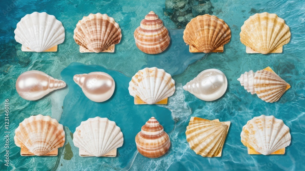 Poster seashells and pearls arranged above a turquoise ocean surface with light reflections, showcasing ele