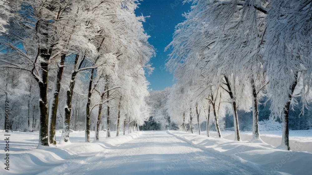 Aufkleber Snow-covered pathway flanked by tall, frosted trees under a clear blue sky creating a serene winter landscape with soft shadows and bright whites.