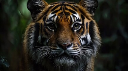 Fototapeta premium Detailed close-up portrait of a Bengal tiger with its expressive eyes looking directly at the viewer