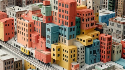A vibrant, densely-packed cityscape model with colorful buildings
