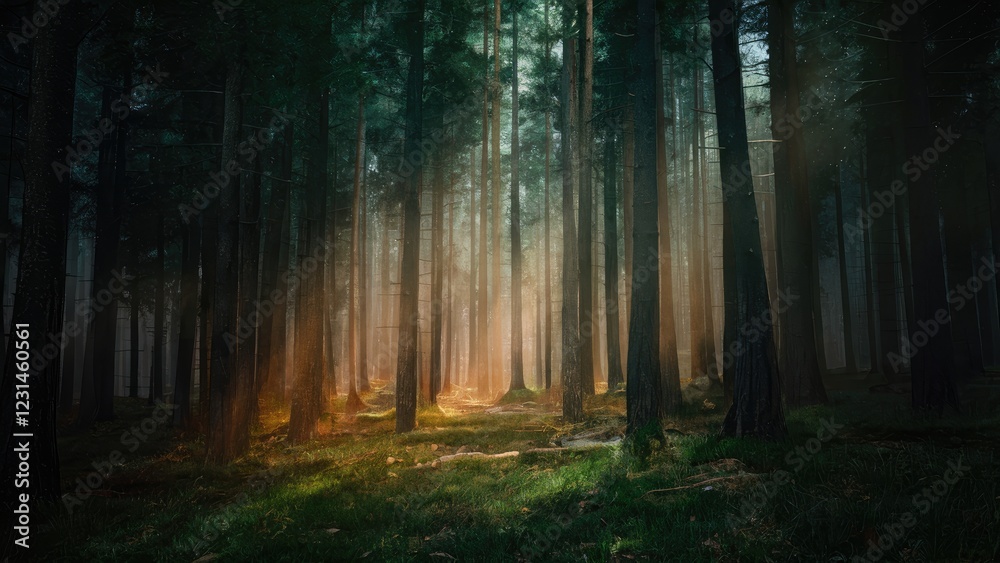 Poster Mystical forest scene with tall dark green pine trees illuminated by warm golden light filtering through the dense fog creating ethereal atmosphere.