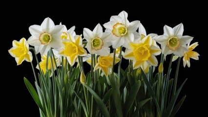 Obraz premium Narcissus flowers in vibrant white and yellow hues arranged in a lush cluster against a deep black background showcasing natural beauty.