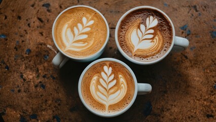 Three intricately designed latte art cups arranged in a triangular layout on a rustic textured table surface showcasing rich brown and cream colors.