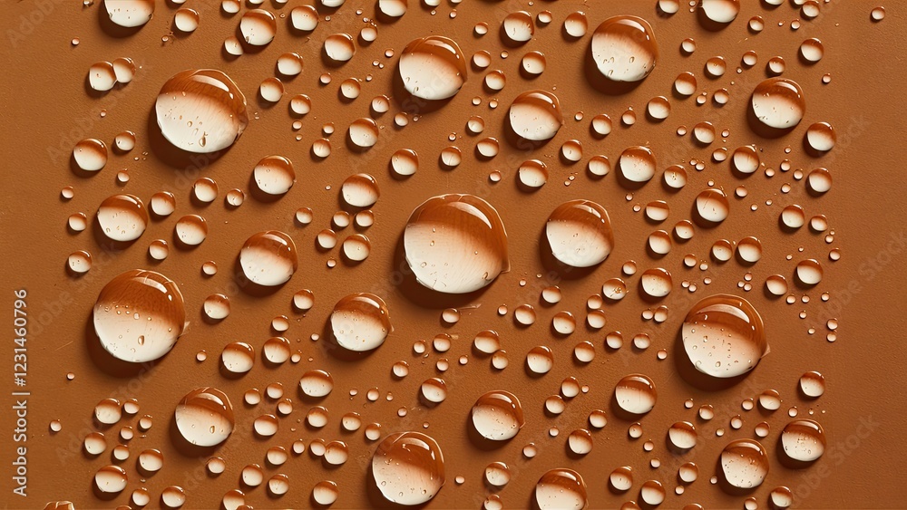 Fototapete water droplets resting on a textured light brown surface, showcasing various sizes and reflections, 